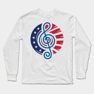 Round America Flag Design with a Treble Clef Music Note at the Center Long Sleeve T-Shirt